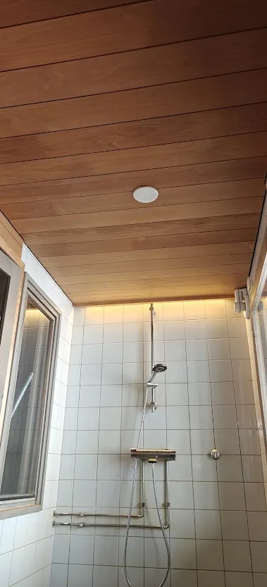 Kylpyhuoneen suihkutila, jossa on valkoiset kaakeliseinät, puinen katto ja ikkuna.